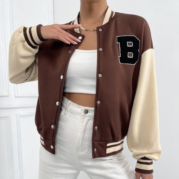 New Letter Patched Striped Trim Drop Shoulder Varsity Jacket Brown 226 - Picture 5 of 6